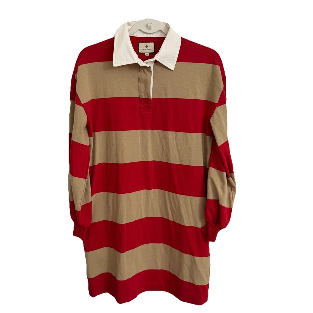 Tuckernuck Travis Rugby Shirt Dress Womens XS Red Khaki Striped Long Sleeve NWT
